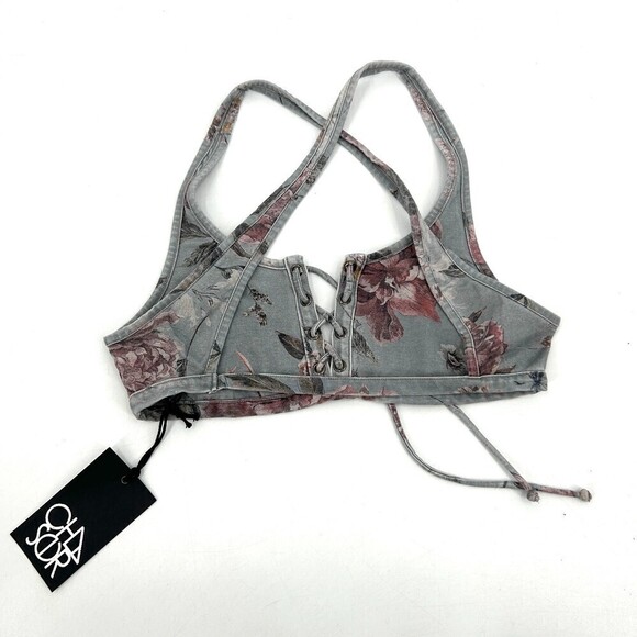 NWT CHASER Vintage Blue Burgundy Floral Print Lace Up Cross Back Bralette Medium - Picture 2 of 3